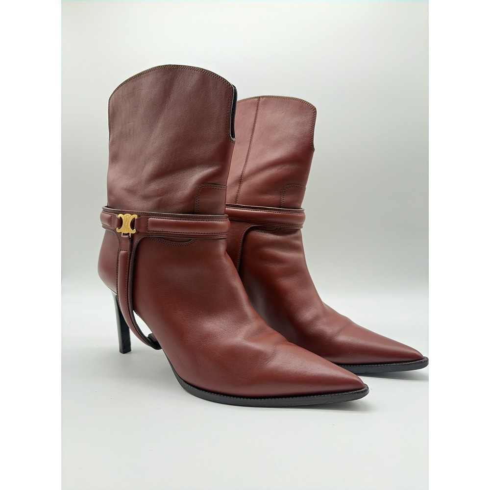 Celine Mahogany Leather Triomphe Ankle Boots Pointed Toe Stiletto DY 1202 41 - Picture 2 of 10